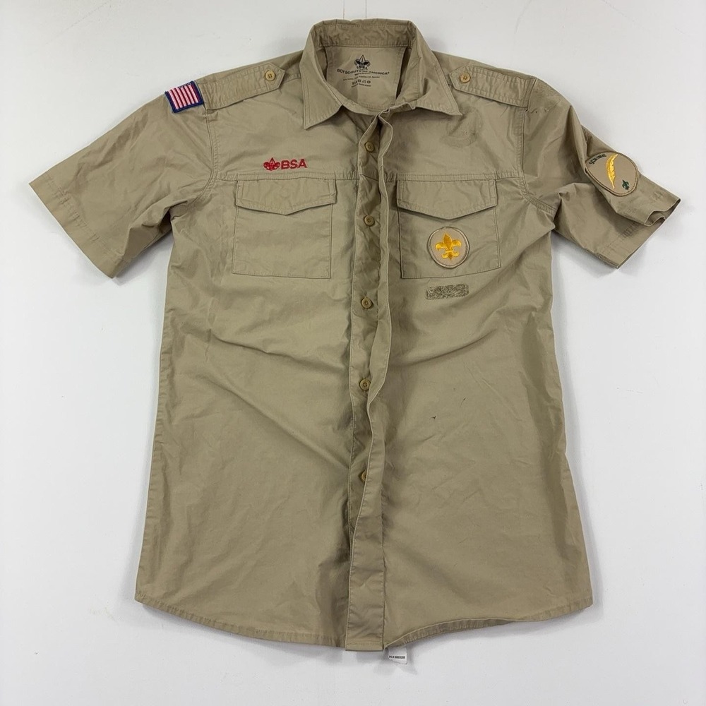 Boy Scouts Of America Shirt Mens Medium Beige Short Sleeve Button Up Uniform